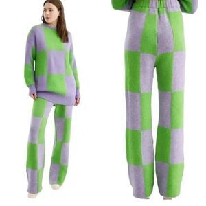 Nocturne Women's Wide-Leg Checkered Pants Size S Green Casual